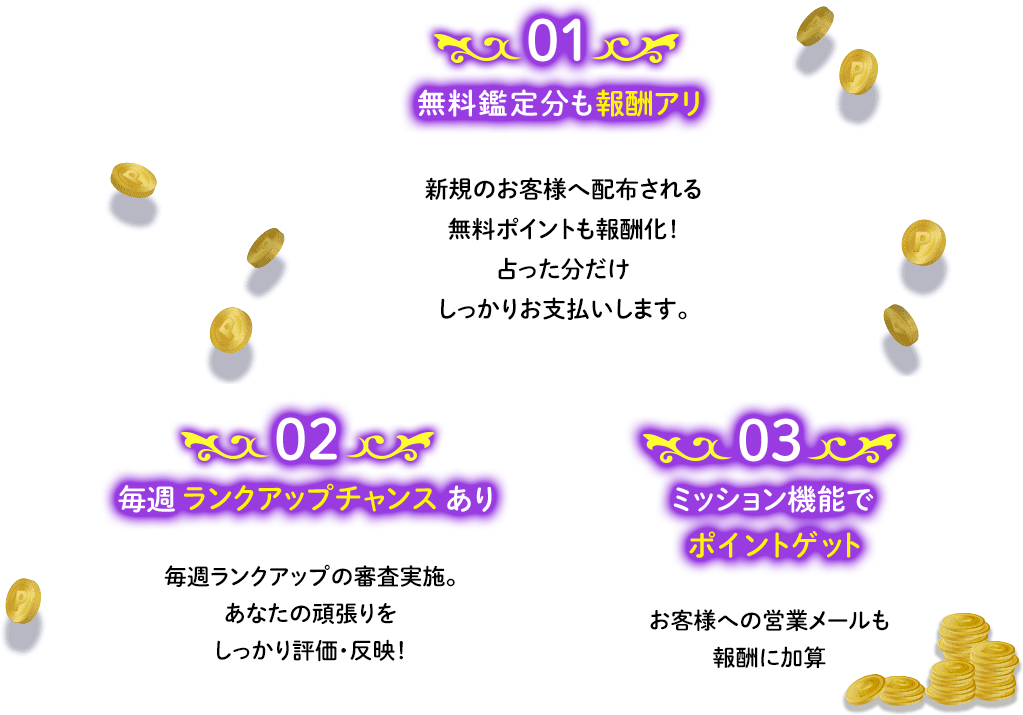 無料鑑定分も報酬アリ、毎週ランクアップチャンスあり、ミッション機能でポイントゲット