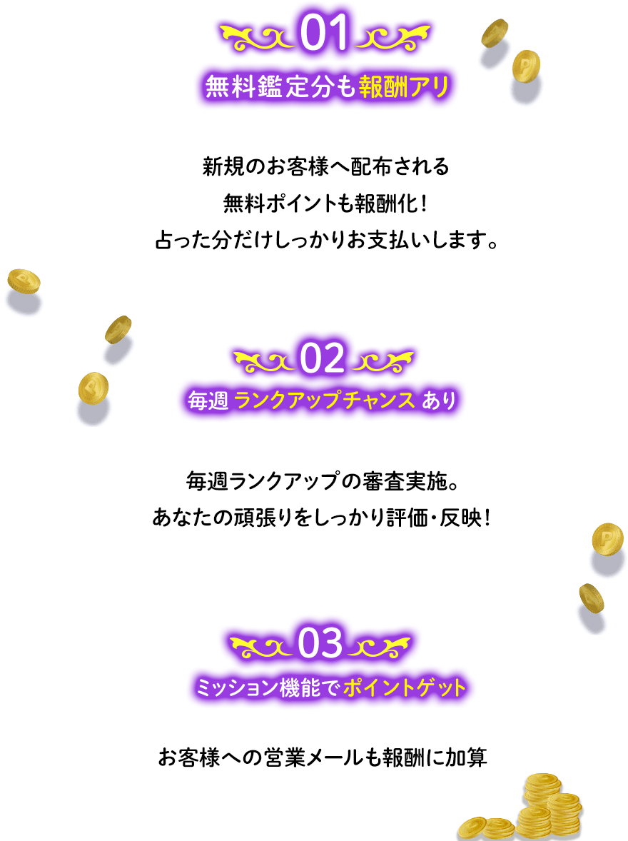無料鑑定分も報酬アリ、毎週ランクアップチャンスあり、ミッション機能でポイントゲット